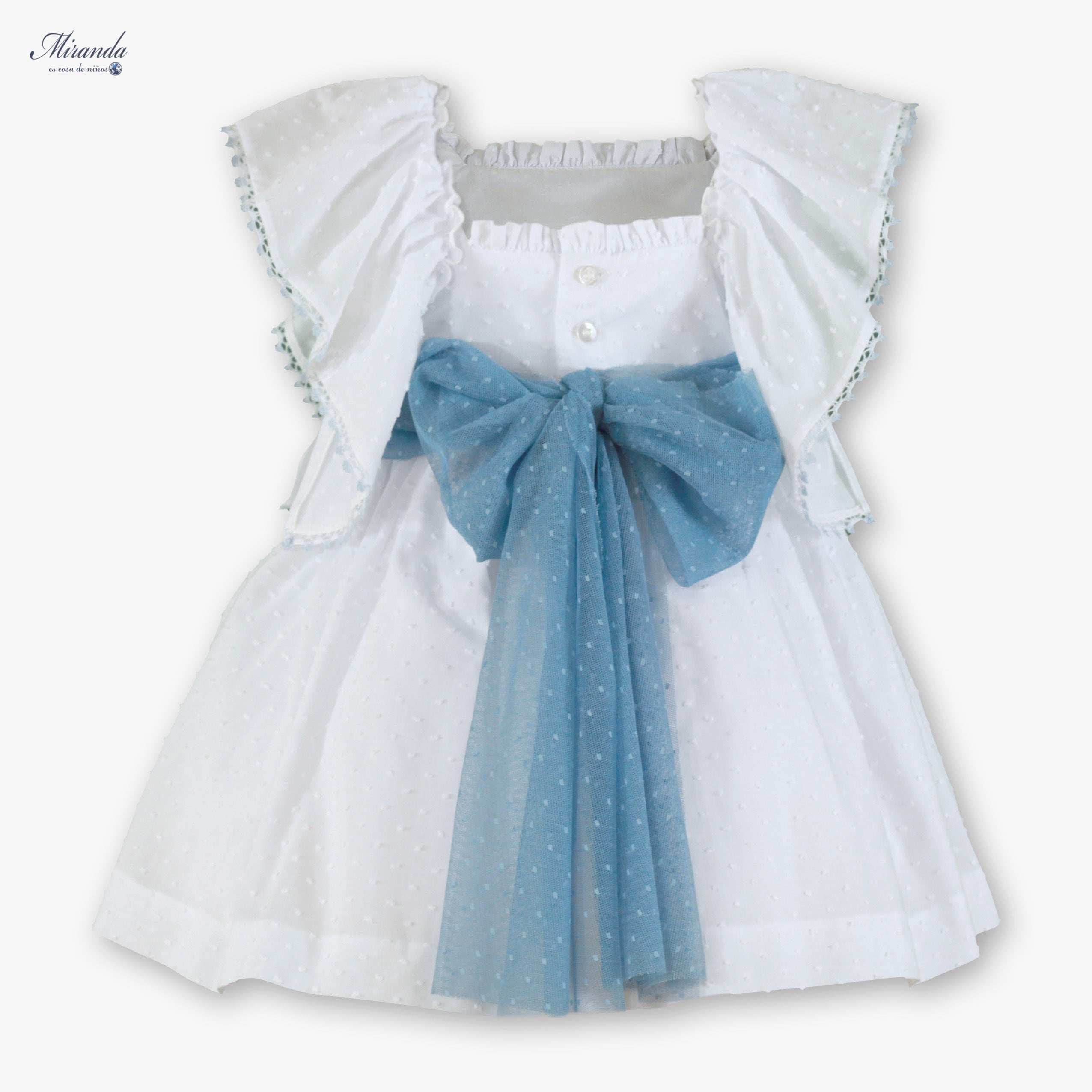 Vestido de Ceremonia Infantil Blanco con Lazo Azul y Plumeti 0228