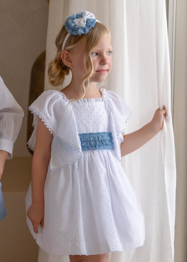 Vestido de Ceremonia Infantil Blanco con Lazo Azul y Plumeti 0228