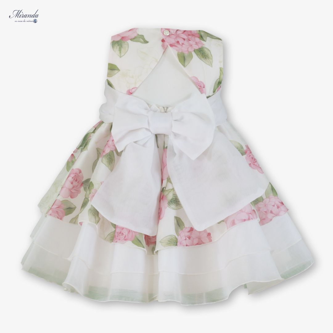 Vestido de Ceremonia Infantil Blanco con Estampado Floral y Lazo 0229