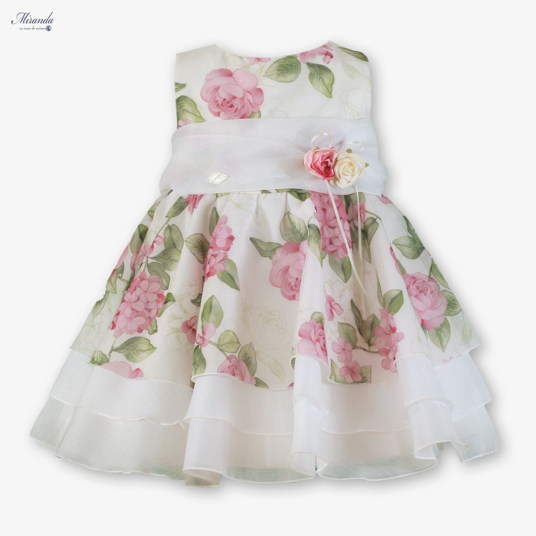 Vestido de Ceremonia Infantil Blanco con Estampado Floral y Lazo 0229