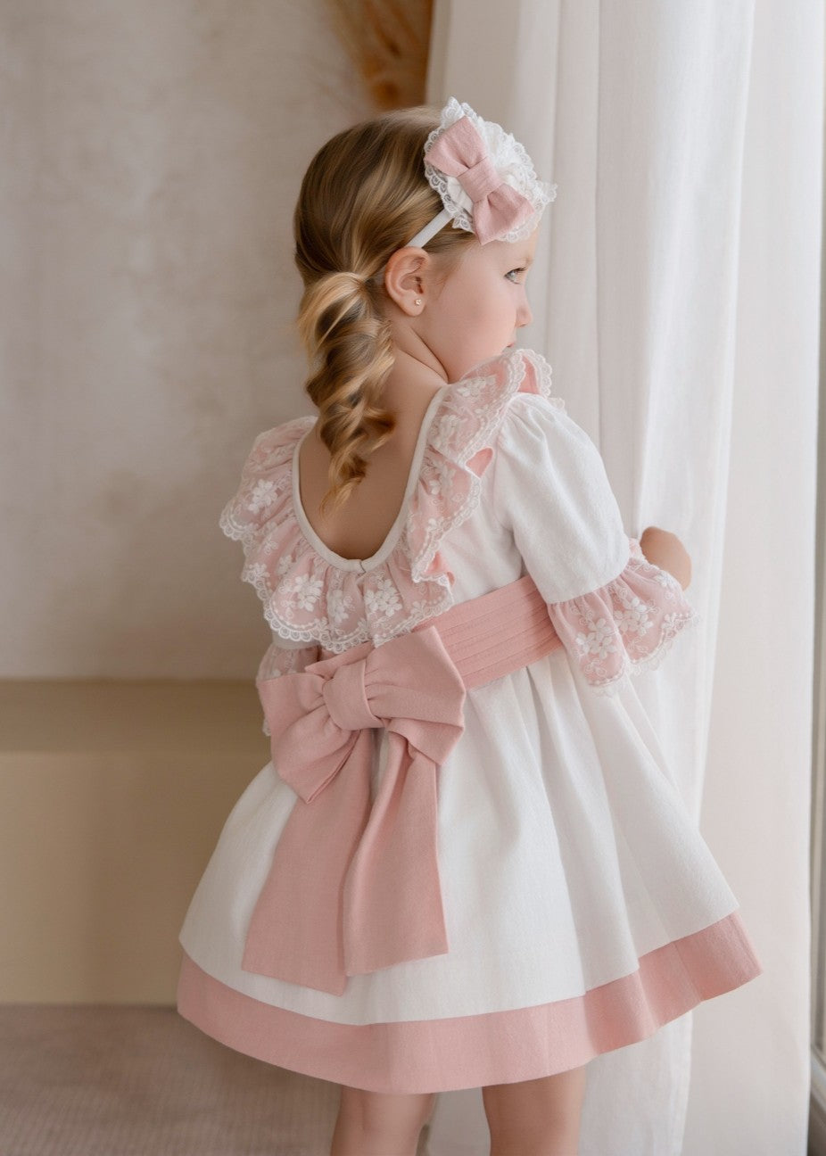 Vestido de Ceremonia Infantil Blanco y Rosa con Lazo y Encaje 0230