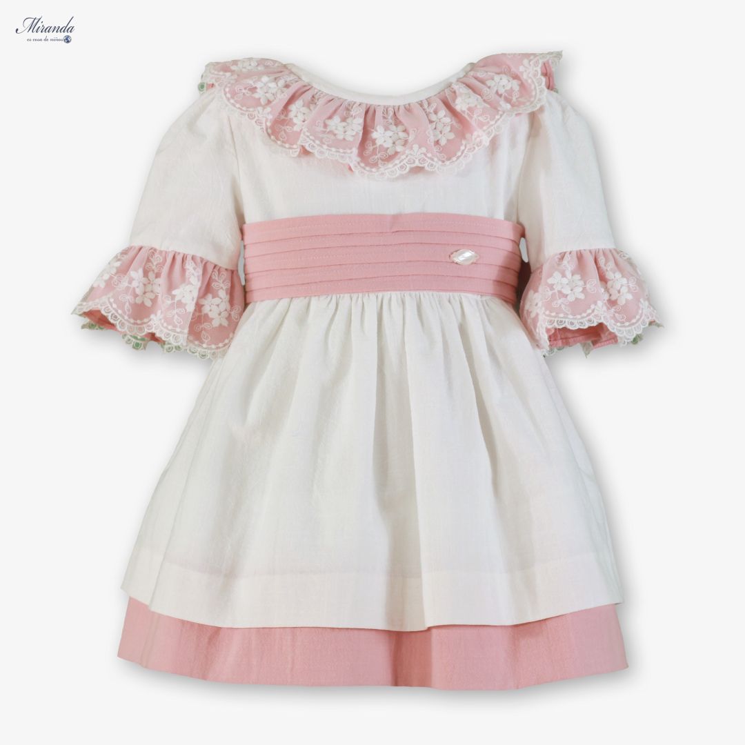 Vestido de Ceremonia Infantil Blanco y Rosa con Lazo y Encaje 0230