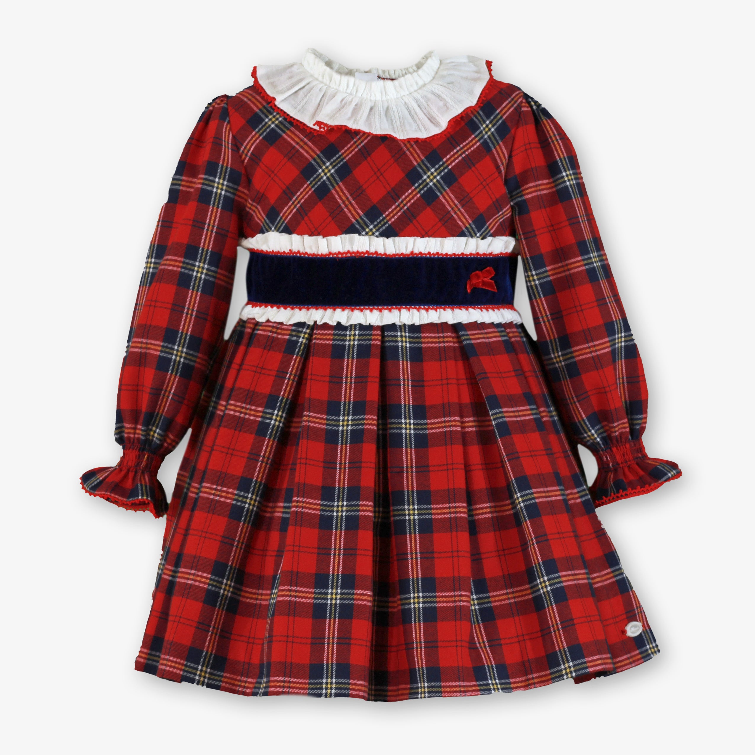 Vestido de invierno para niña a cuadros tartán rojos con fajín de terciopelo marino y cuello fruncido blanco - Miranda 40/0230/V