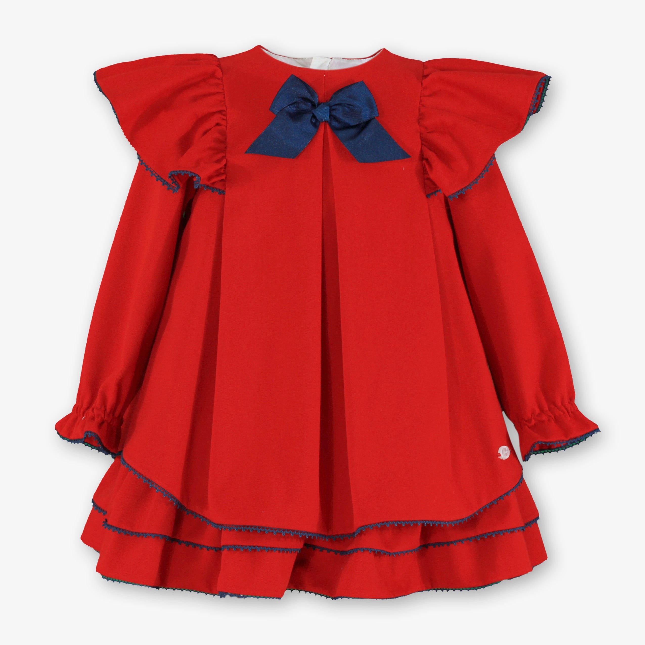 Vestido de invierno para niña en color rojo con lazo azul marino y volantes en hombros y falda - Miranda 40/0231/V
