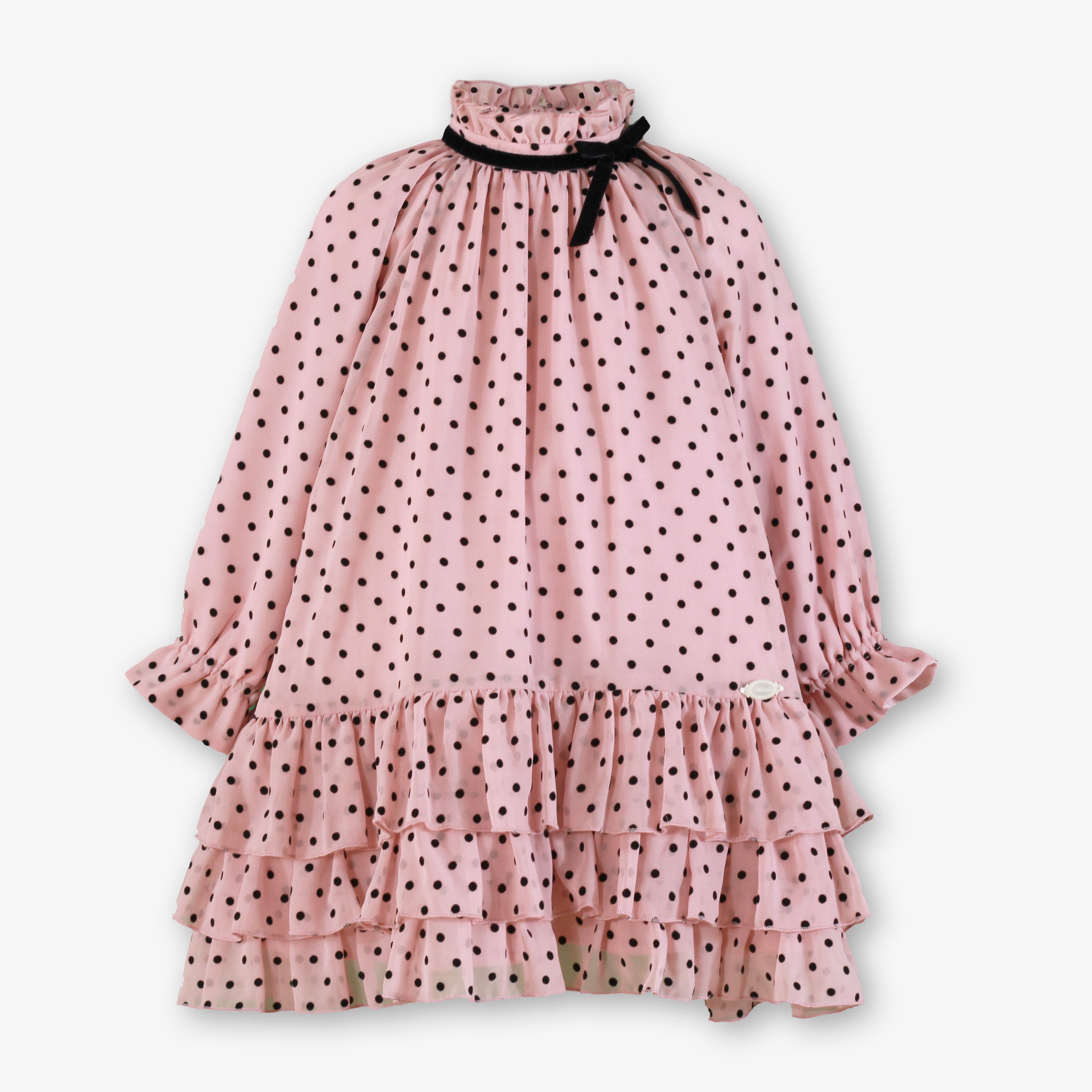 Vestido de invierno para niña en rosa palo con lunares negros, falda de volantes en capas y cinta de terciopelo - Miranda 40/0232/V
