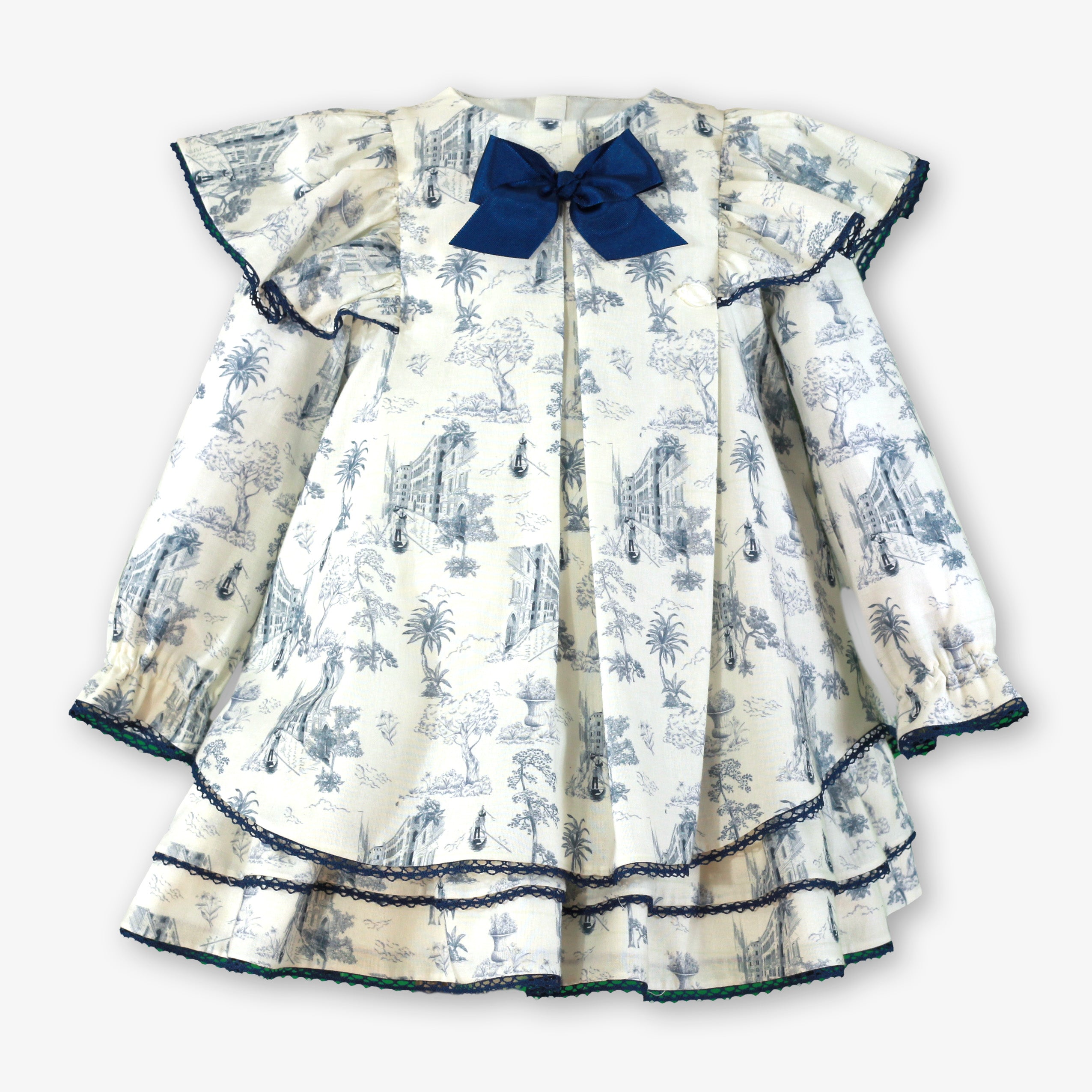 Vestido de invierno para niña en estampado Toile de Jouy azul marino con lazo y volantes de puntilla - Miranda 40/0233/V