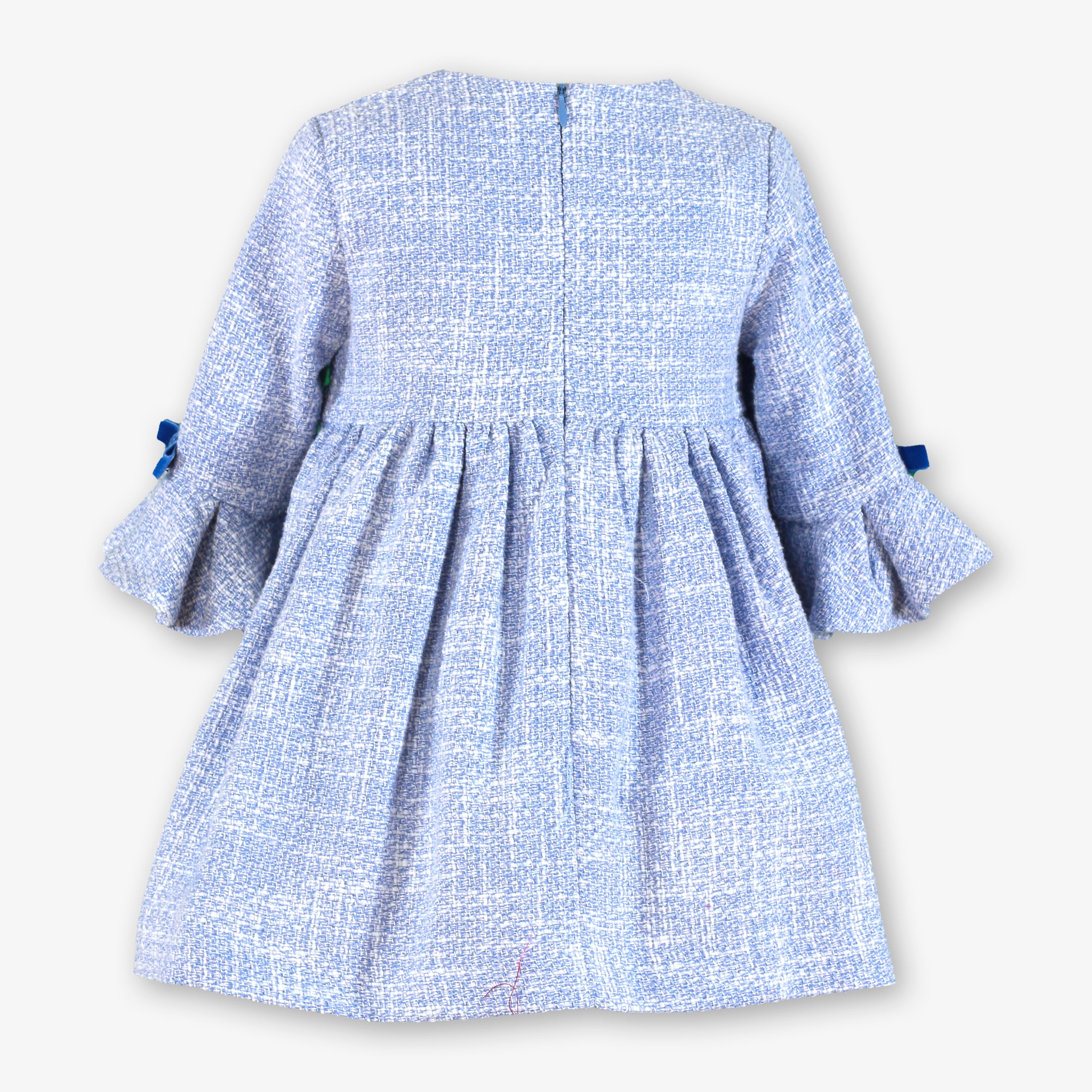 Vista trasera con cremallera del vestido de vestir tweed azul celeste para niña marca Miranda