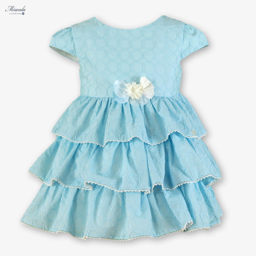 Vestido niña azul Miranda – volante triple y detalle floral 0237