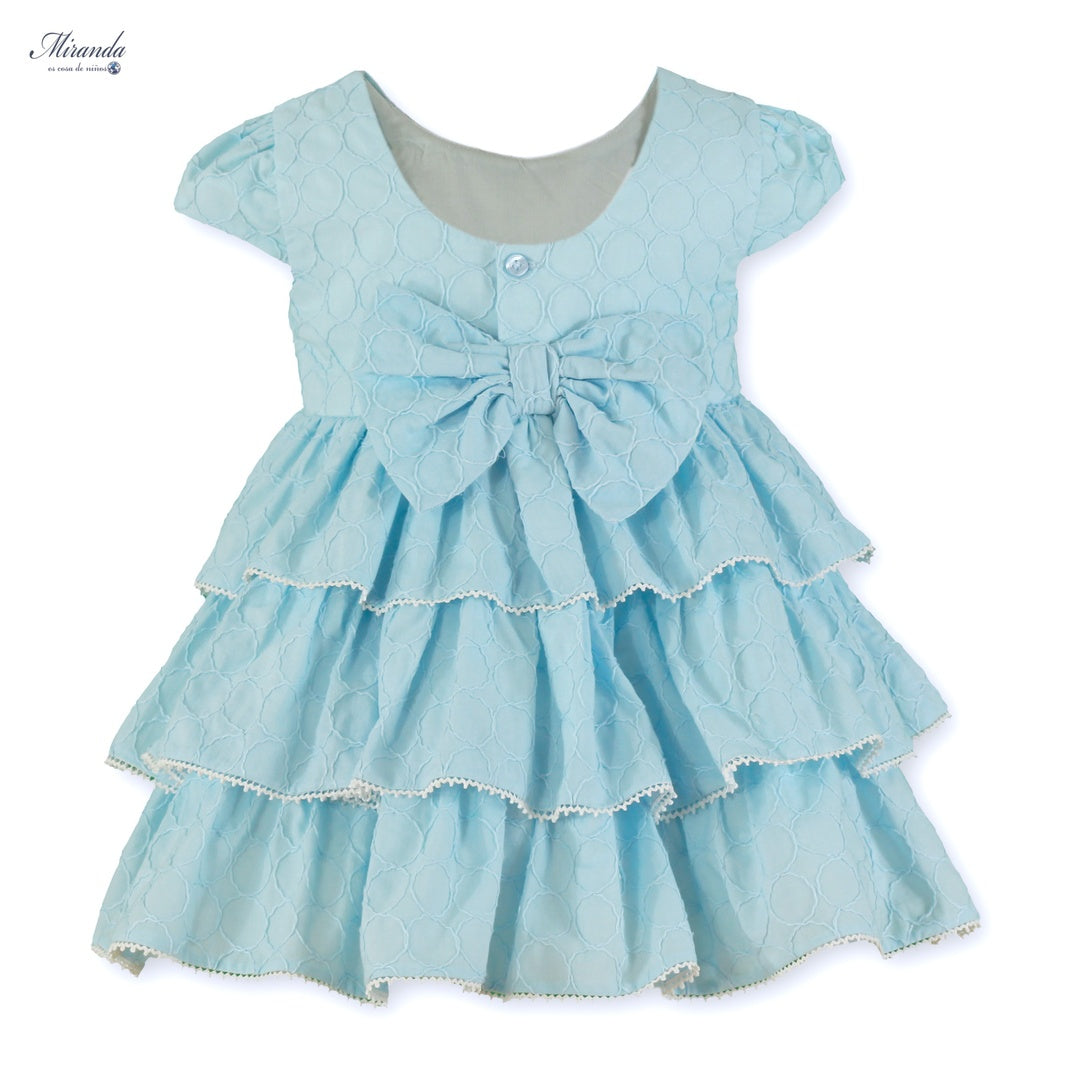 Vestido niña azul Miranda – volante triple y detalle floral 0237