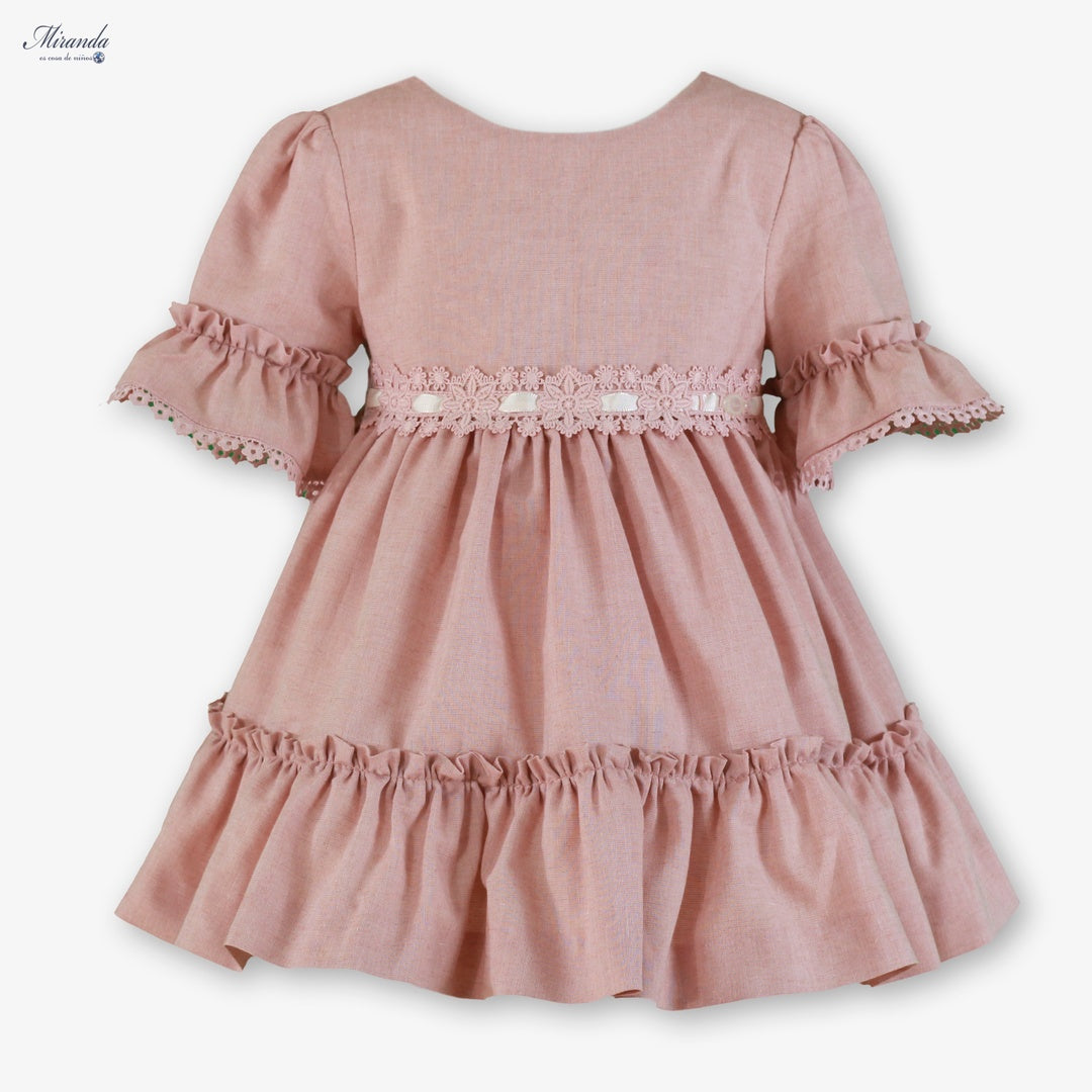 Vestido de ceremonia para niña rosa con encaje y volantes, marca Miranda – vista delantera