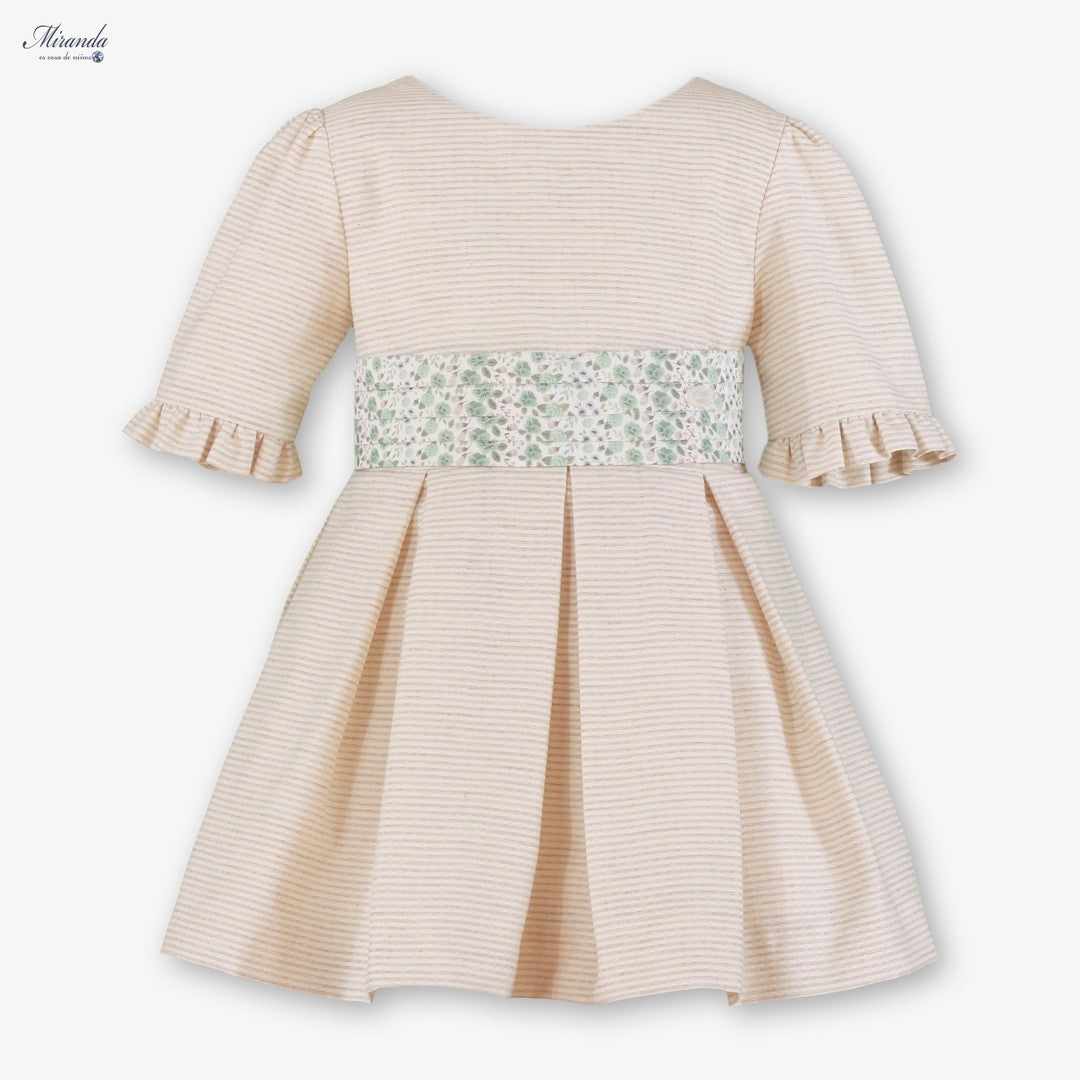 Vestido de Ceremonia Infantil Beige con Lazo Floral Verde Miranda 0241