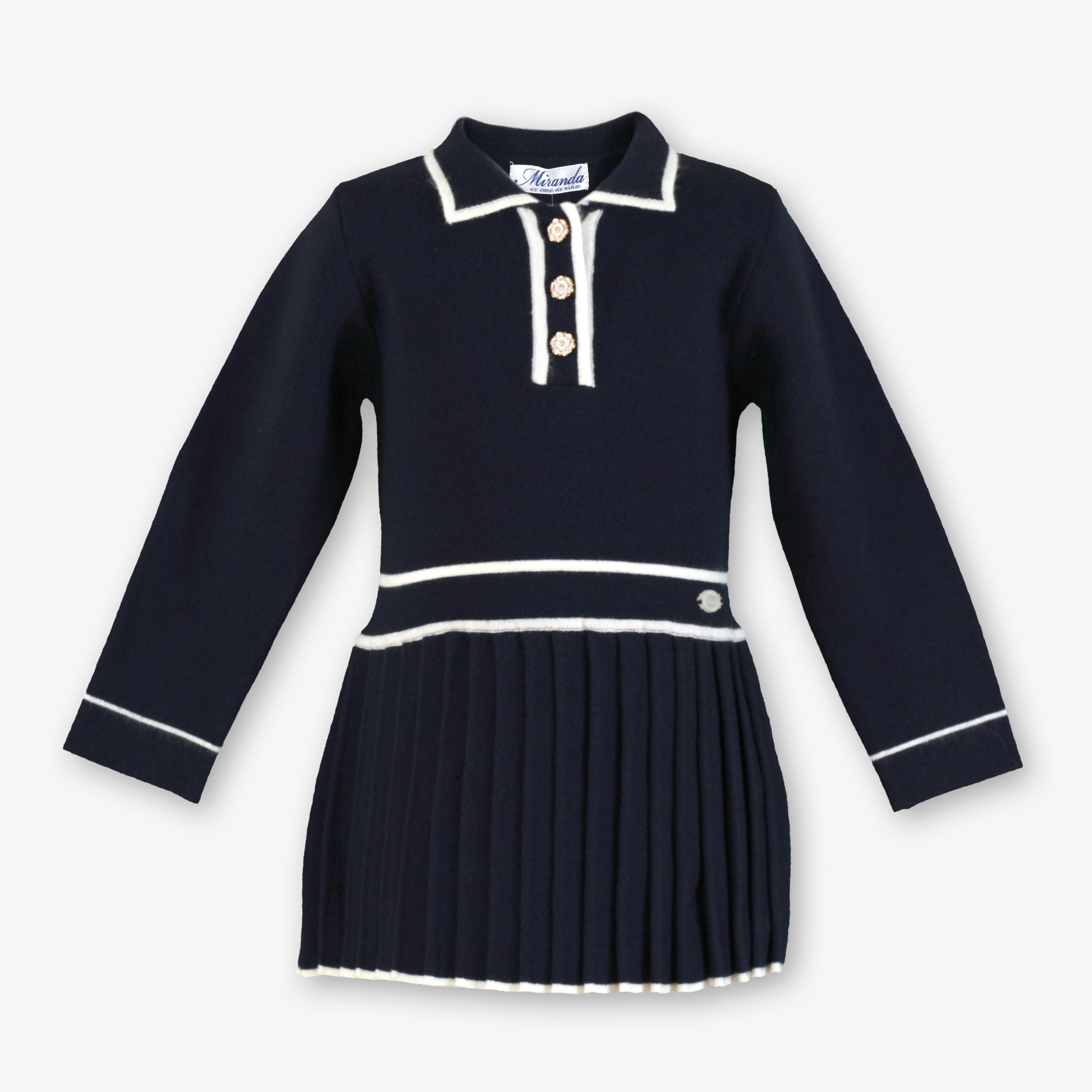 Vestido de punto de invierno para niña en color azul marino estilo polo con ribetes blancos y falda de tablas - Miranda 40/0245/V