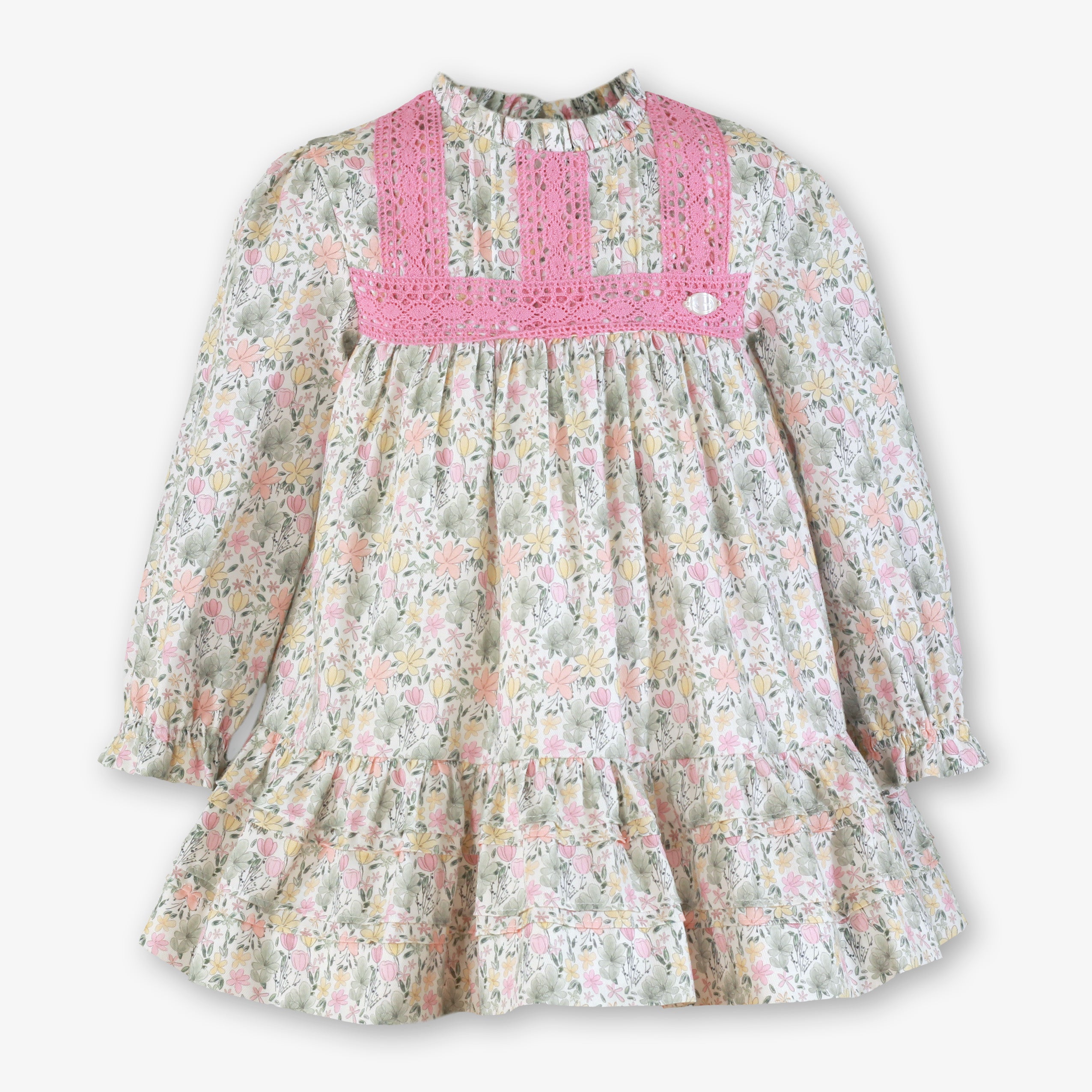 Vestido de invierno para niña estampado floral en rosa palo y verde claro con pechera de encaje rosa - Miranda 40/0248/V