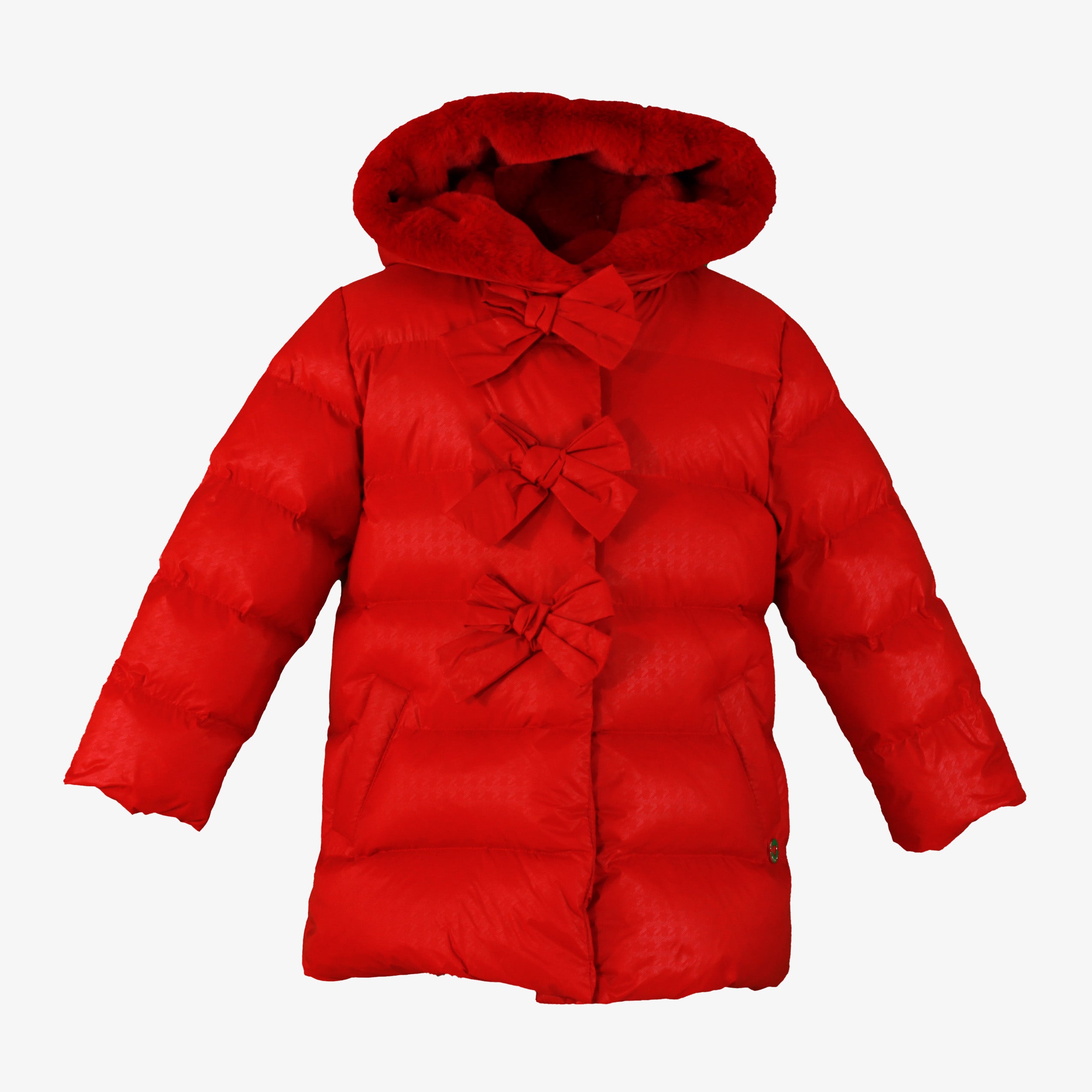 Abrigo acolchado tipo parka para niña en color rojo con capucha de pelo suave y tres grandes lazos frontales - Miranda 40/0252