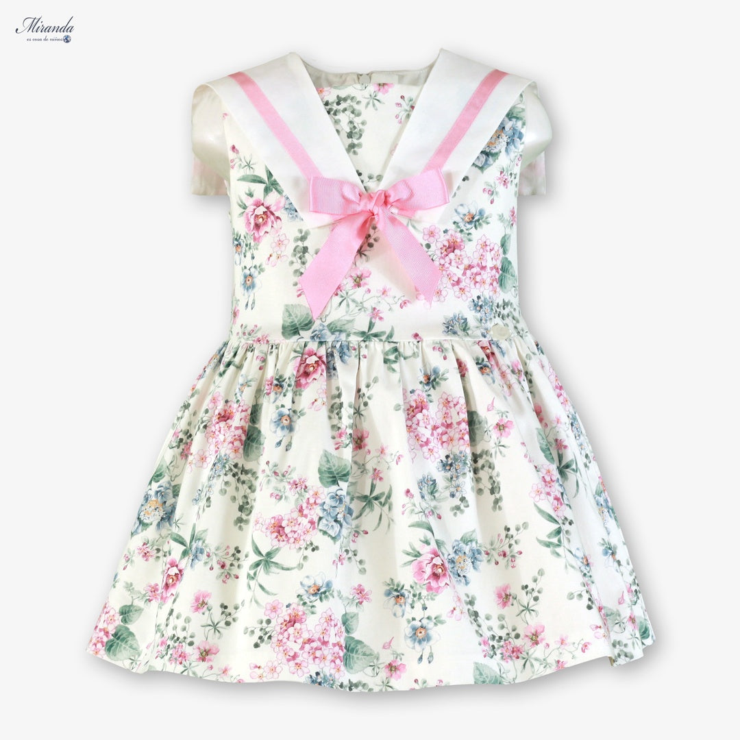 Vestido niña floral estilo marinero con lazo rosa | Miranda 0252