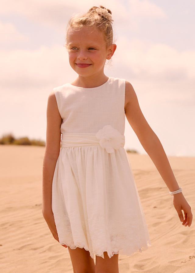 Vestido de Ceremonia para Niña Mayoral - Diseño Puntillas Crudo con Espalda de Encaje 03914