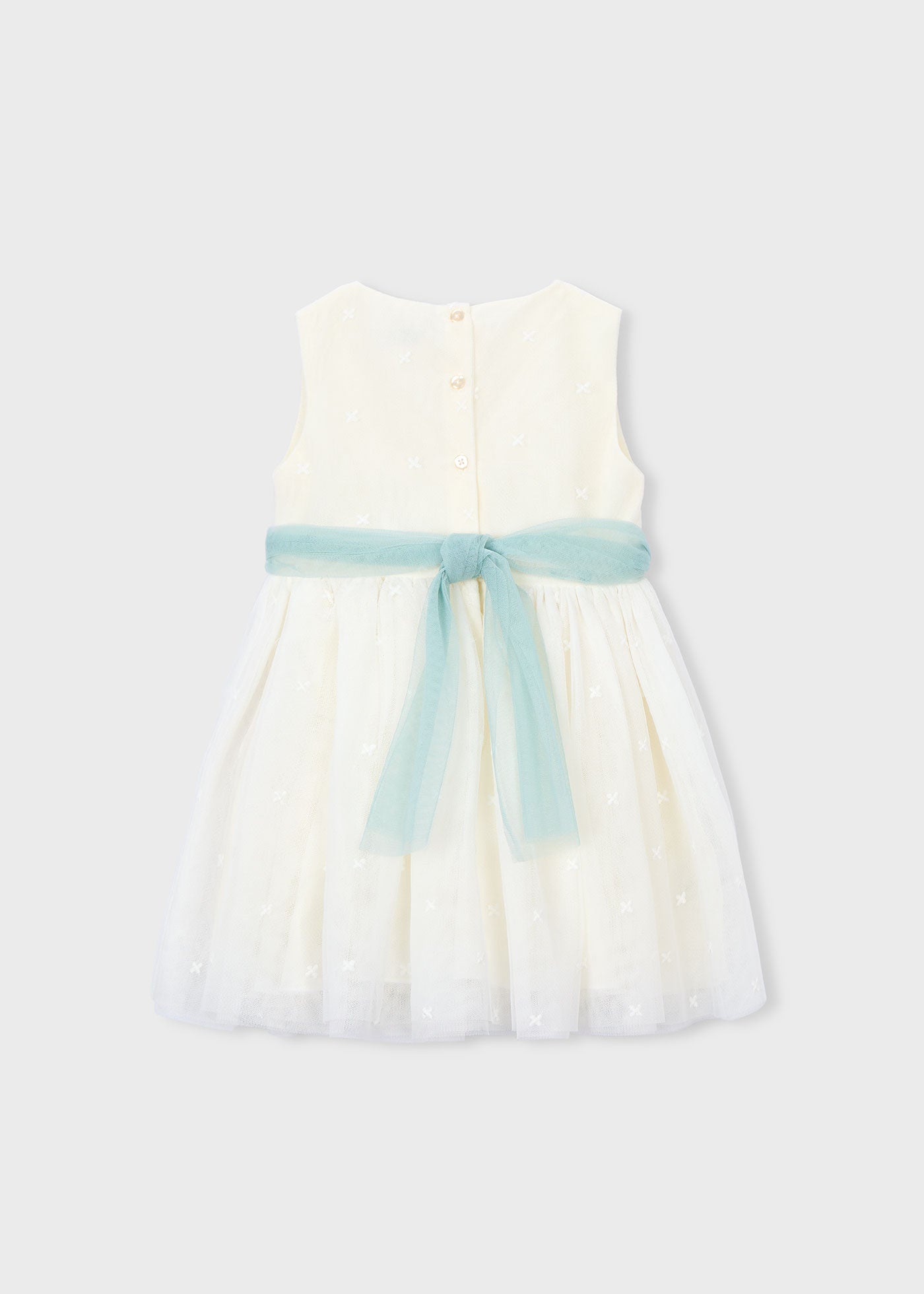 Vestido crudo de tul bordado Mayoral para niña con cinturón verde agua, vista trasera, SKU 03919