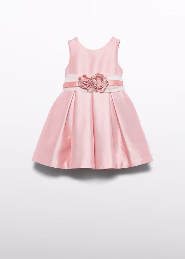 Vestido niña rosa satinado con cinturón y flor – Abel y Lula 05030
