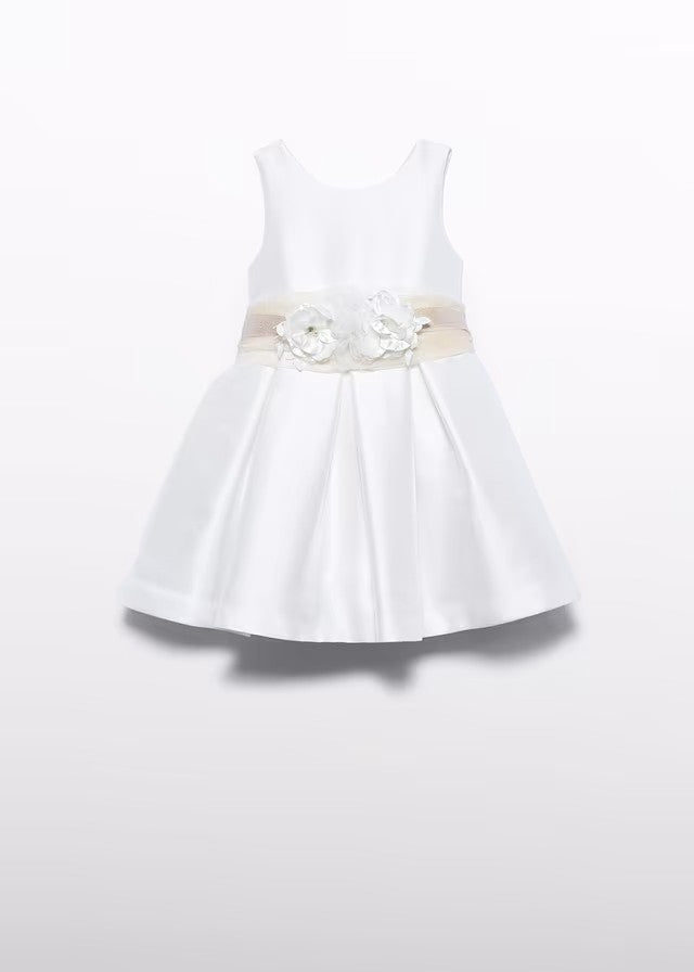 Vestido niña nata satinado con cinturón y flores – Abel y Lula 05030