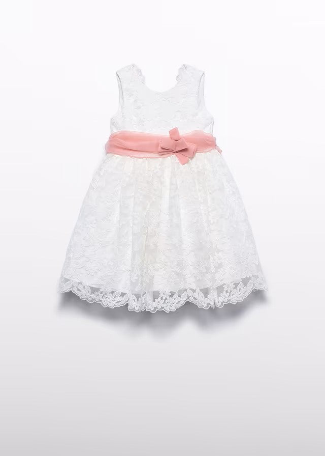 Vestido niña de tul bordado color nata con cinturón – Abel y Lula 05035