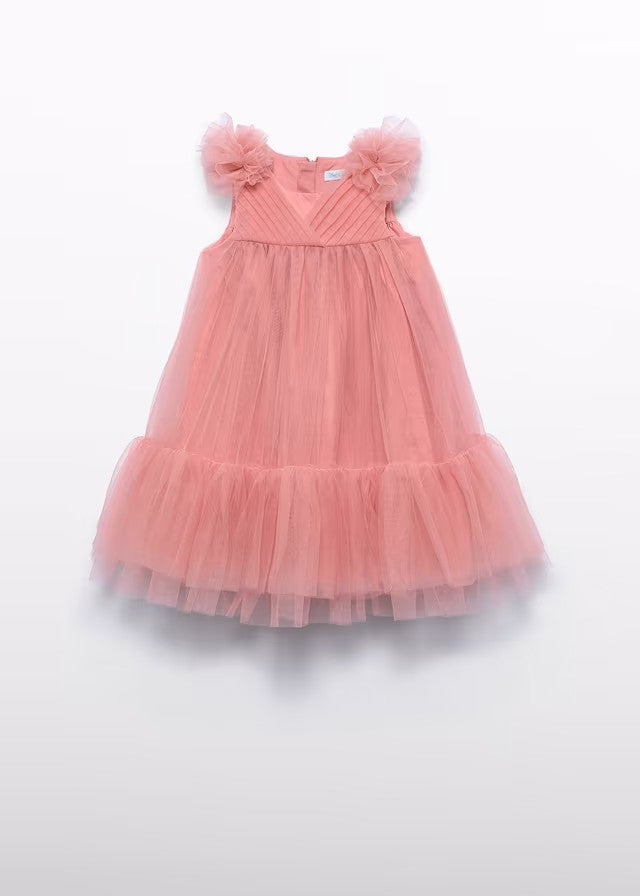 Vestido niña de tul rosa empolvado con mangas de volante – Abel y Lula 05039