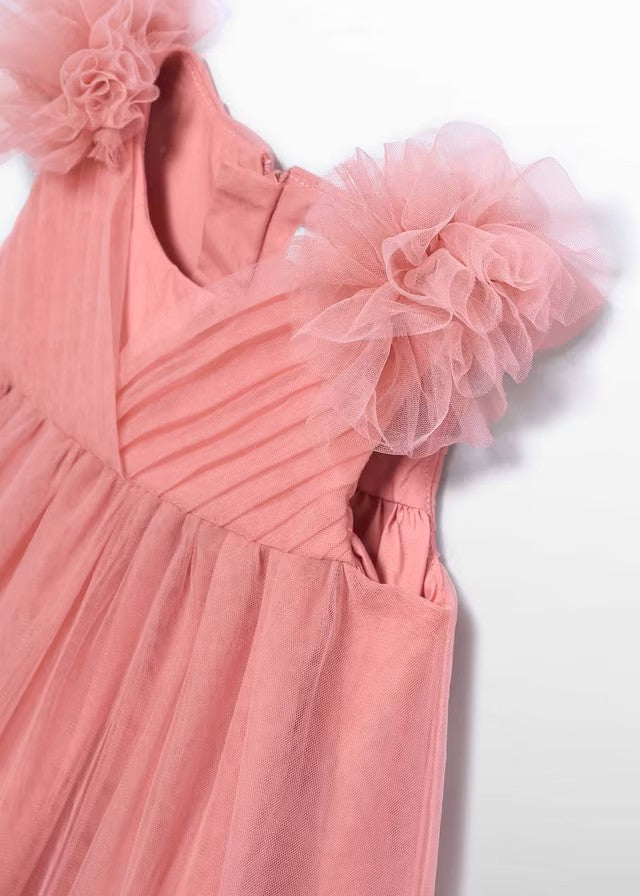 Vestido niña de tul rosa empolvado con mangas de volante – Abel y Lula 05039