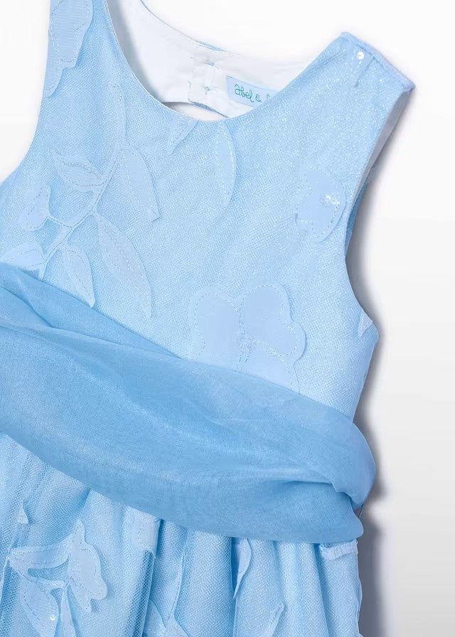 Vestido niña celeste de tul bordado con cinturón – Abel y Lula 05042