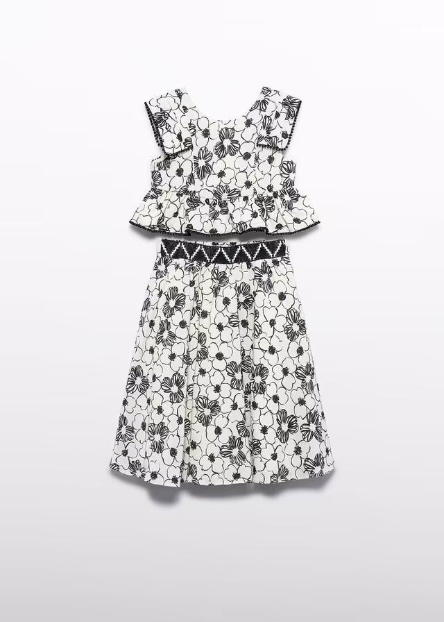 Conjunto Top y Falda Midi Estampada Crema y Negro Abel & Lula 05063