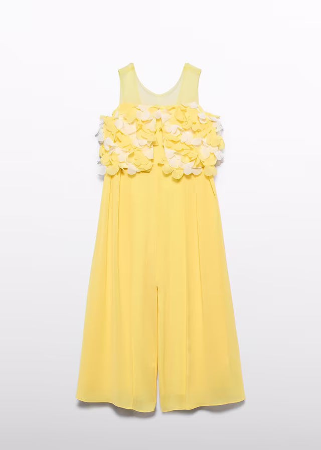 Mono niña amarillo con flores aplicadas y pantalón largo – Abel y Lula 05202