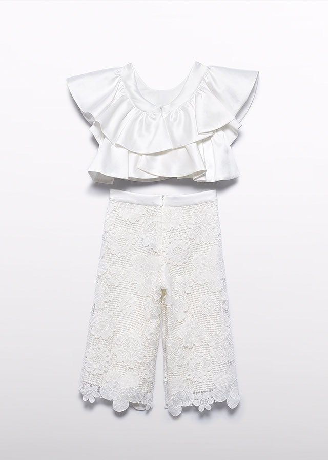 Conjunto de Guipur Color Abel & Lula con Top de Volantes y Pantalón Largo 05212