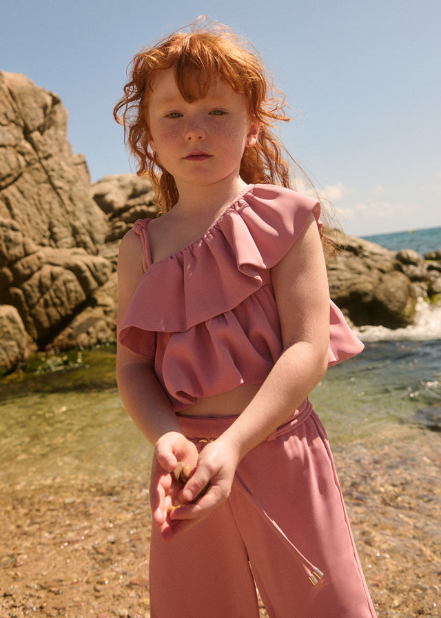 Conjunto crepe color orquídea Abel & Lula con top de volantes y pantalón largo para niña, SKU 05283.