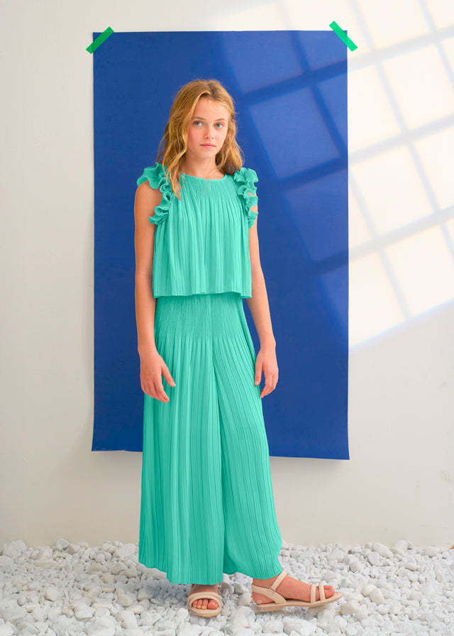 Conjunto Verde Agua de Gasa Plisada Abel & Lula con Top y Pantalón Largo 05285