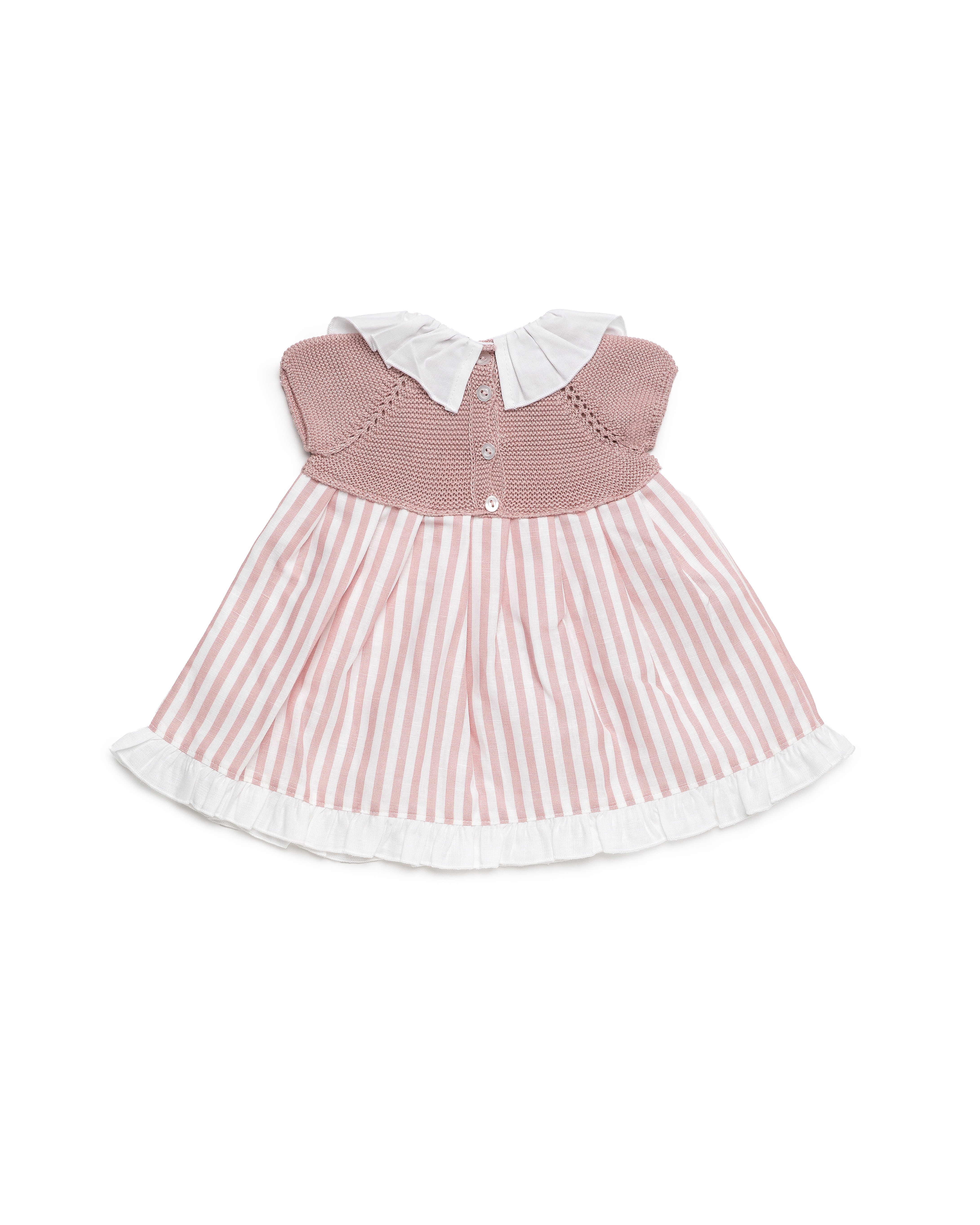 Vestido Bebé Juliana Cuerpo Punto Rosa y Falda Rayada Blanca 26133| La Boutique de AyA