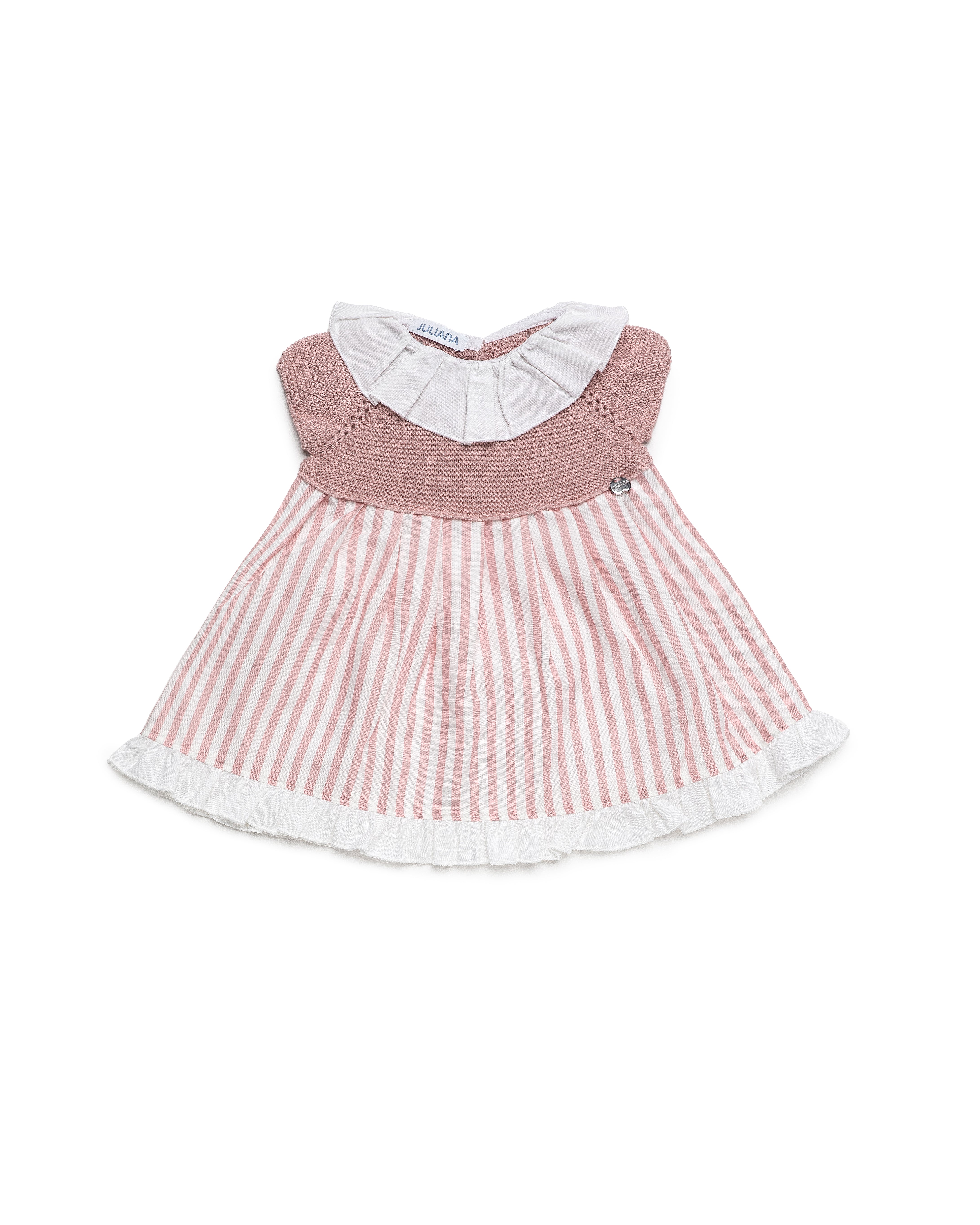 Vestido Bebé Juliana Cuerpo Punto Rosa y Falda Rayada Blanca 26133| La Boutique de AyA
