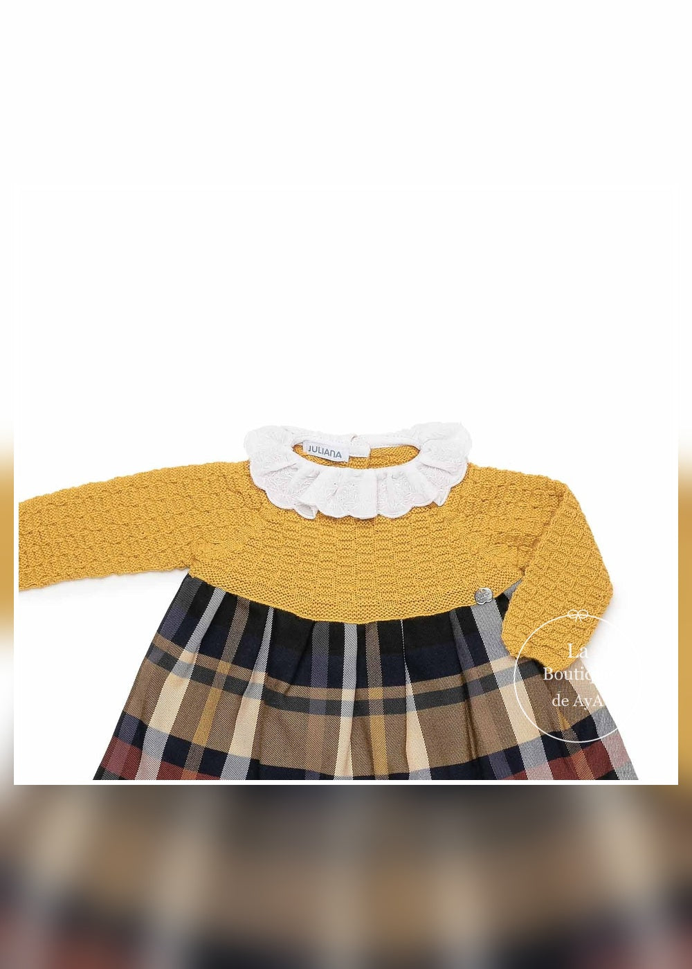 Vestido bebé niña cuerpo punto mostaza y cuadros Juliana 26654 - detalle principal - referencia 26654