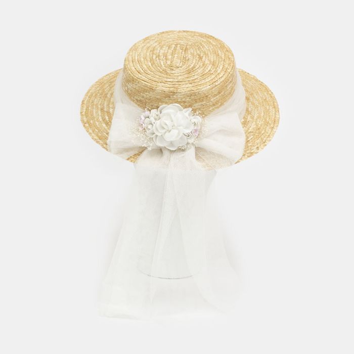 (Fabricación 4 días) Canotier Nicole con tocado fara Blanco