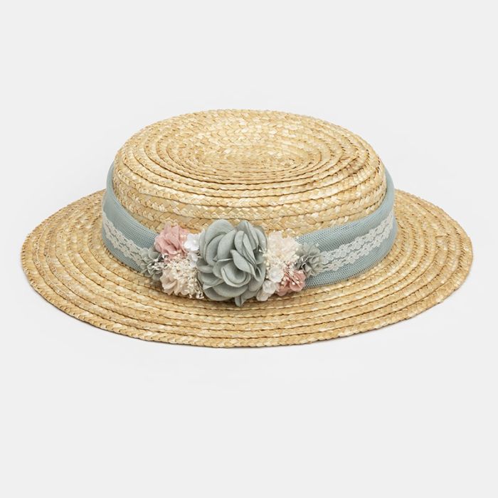 (Fabricación 4 días) Canotier Nimes con tocado Sira Azul Verde Mar