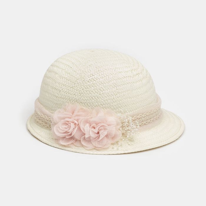 (Fabricación 4 días) Gorrito Bebe modelo Blanca con pequeño tocado Inés Rosa Pastel