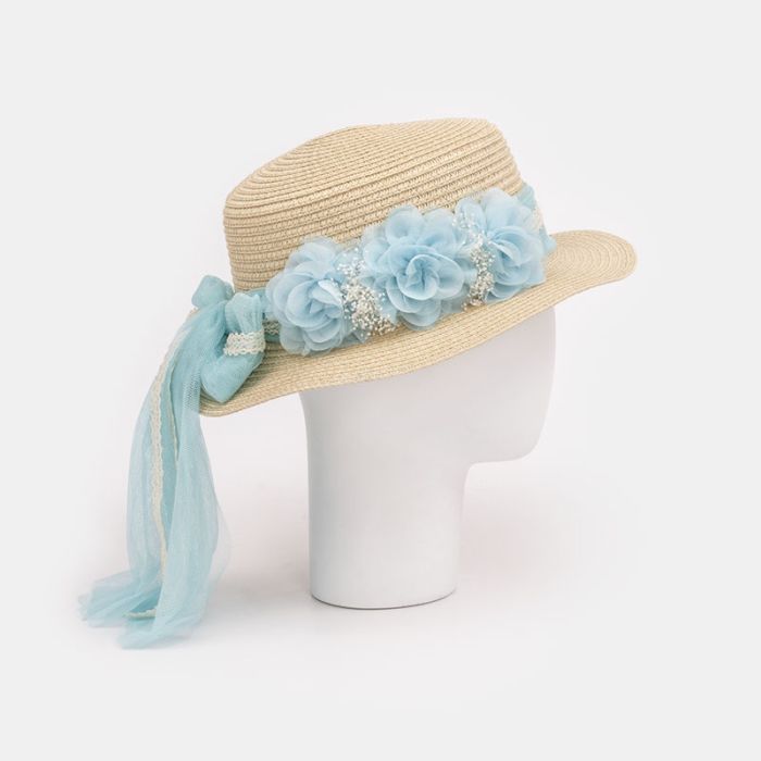 (Fabricación 4 días) Sombrero Aosta tocado Inés y lazada Azul Cielo