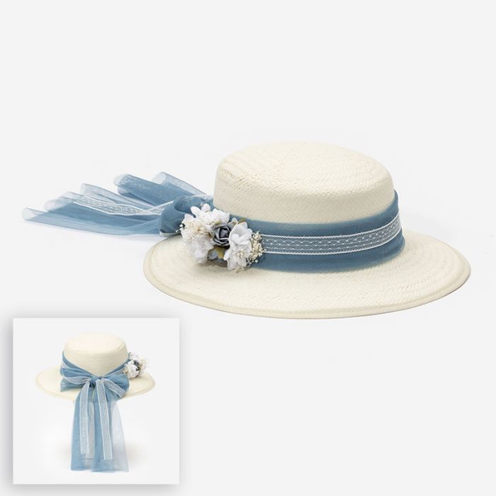 (Fabricación 4 días) Sombrero Verona con lazada tul y tocado Kenya Azul Francia