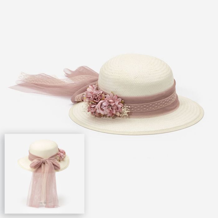 (Fabricación 4 días) Sombrero Verona con lazada tul y tocado Kenya Rosa Francia