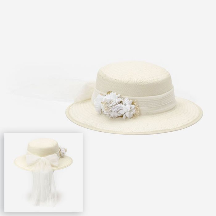 (Fabricación 4 días) Sombrero Verona con lazada tul y tocado Kenya Blanco