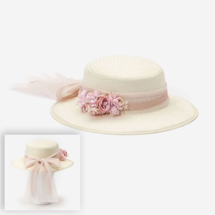 (Fabricación 4 días) Sombrero Verona con lazada tul y tocado Kenya Rosa Pastel