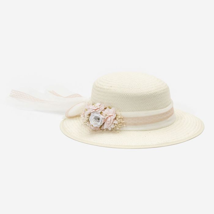 (Fabricación 4 días) Sombrero Verona con lazada tul y tocado Kenya Rosa Pastel Claro