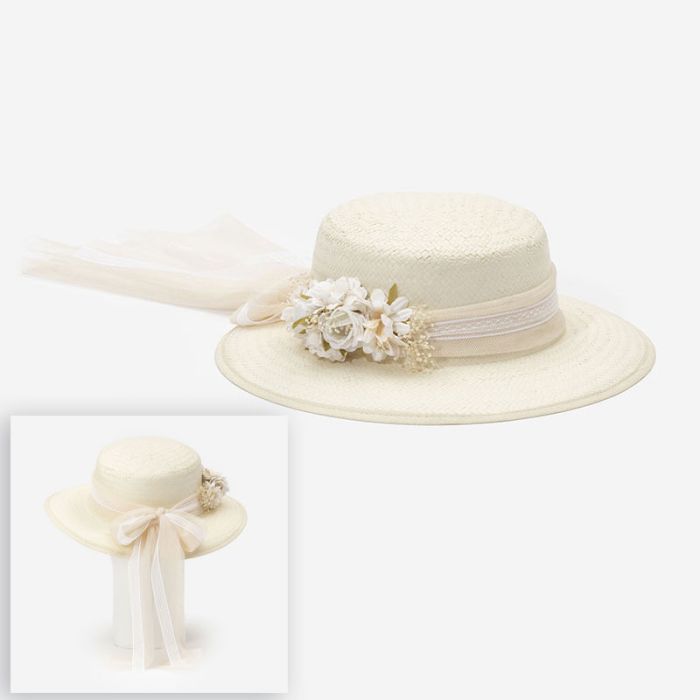 (Fabricación 4 días) Sombrero Verona con lazada tul y tocado Kenya Crudo