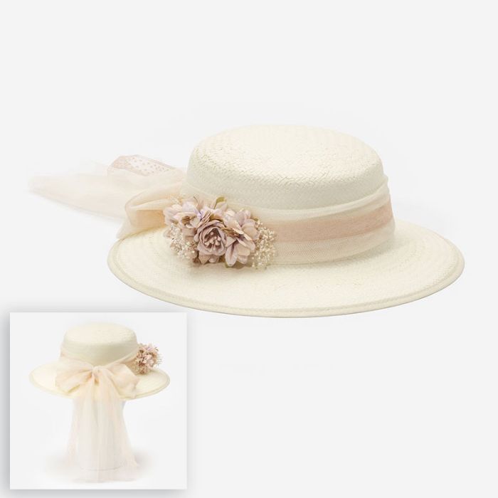 (Fabricación 4 días) Sombrero Verona con lazada tul y tocado Kenya Salmon