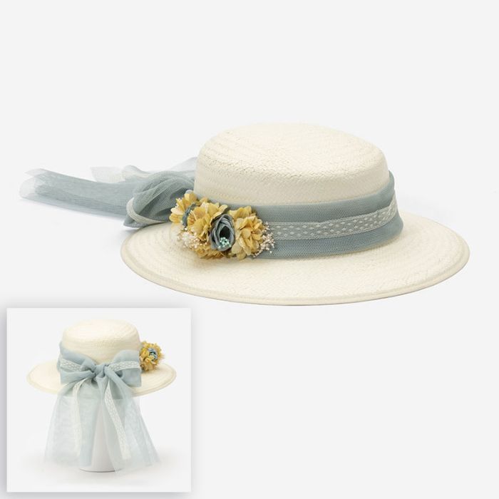 (Fabricación 4 días) Sombrero Verona con lazada tul y tocado Kenya Verde MAr