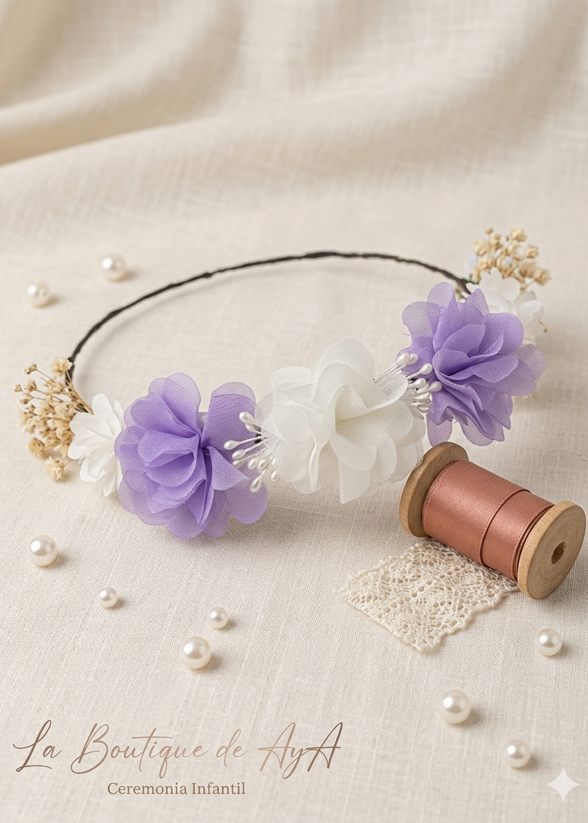 Corona de flores malva para niña La Boutique de AyA 0107