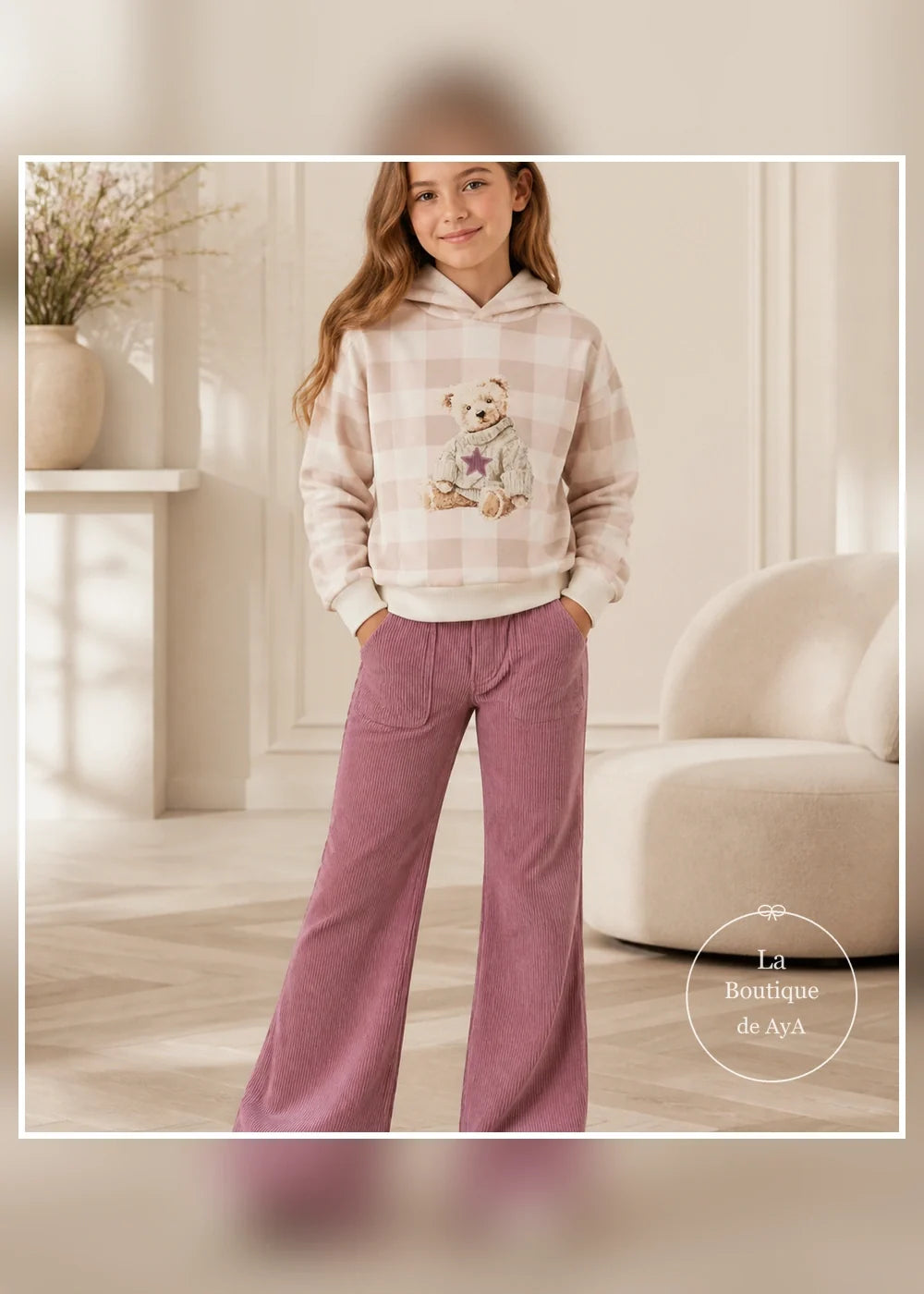 Conjunto sudadera cuadros y pantalón malva para niña Miranda 0310, portada con modelo