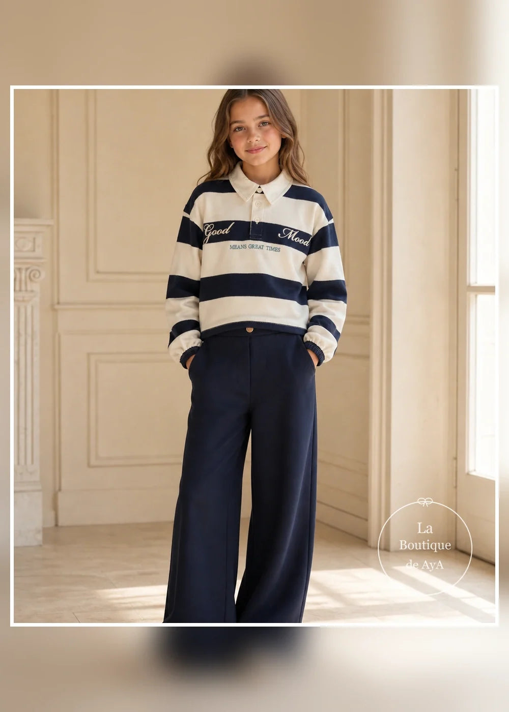 Conjunto polo de rayas y pantalón marino para niña Miranda 1402, portada con modelo